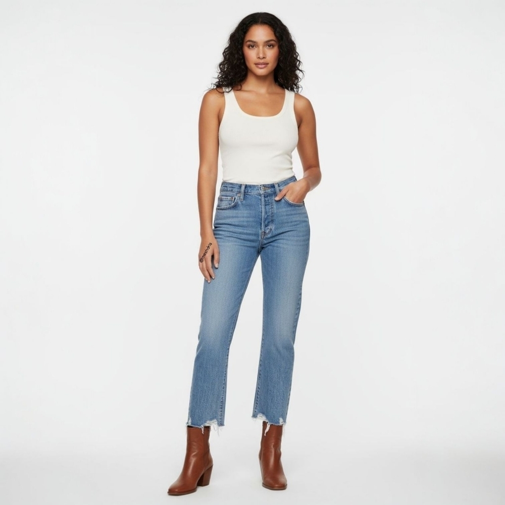 Agolde Riley High Rise Straight Raw Hem Crop Jeans Medium Wash Size 24
